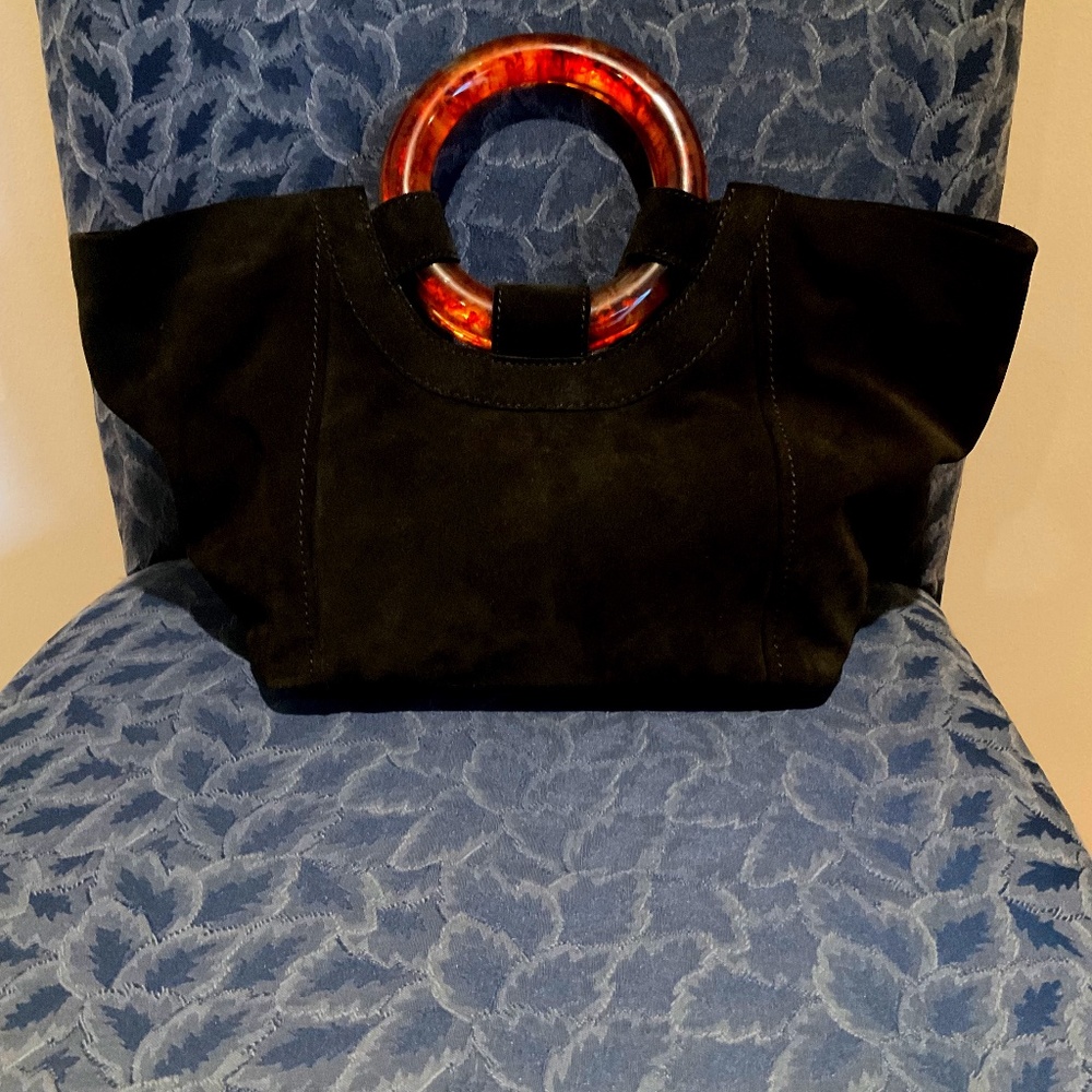 Anthropologie Black Suede Tote with Tortoiseshell Ring Handles